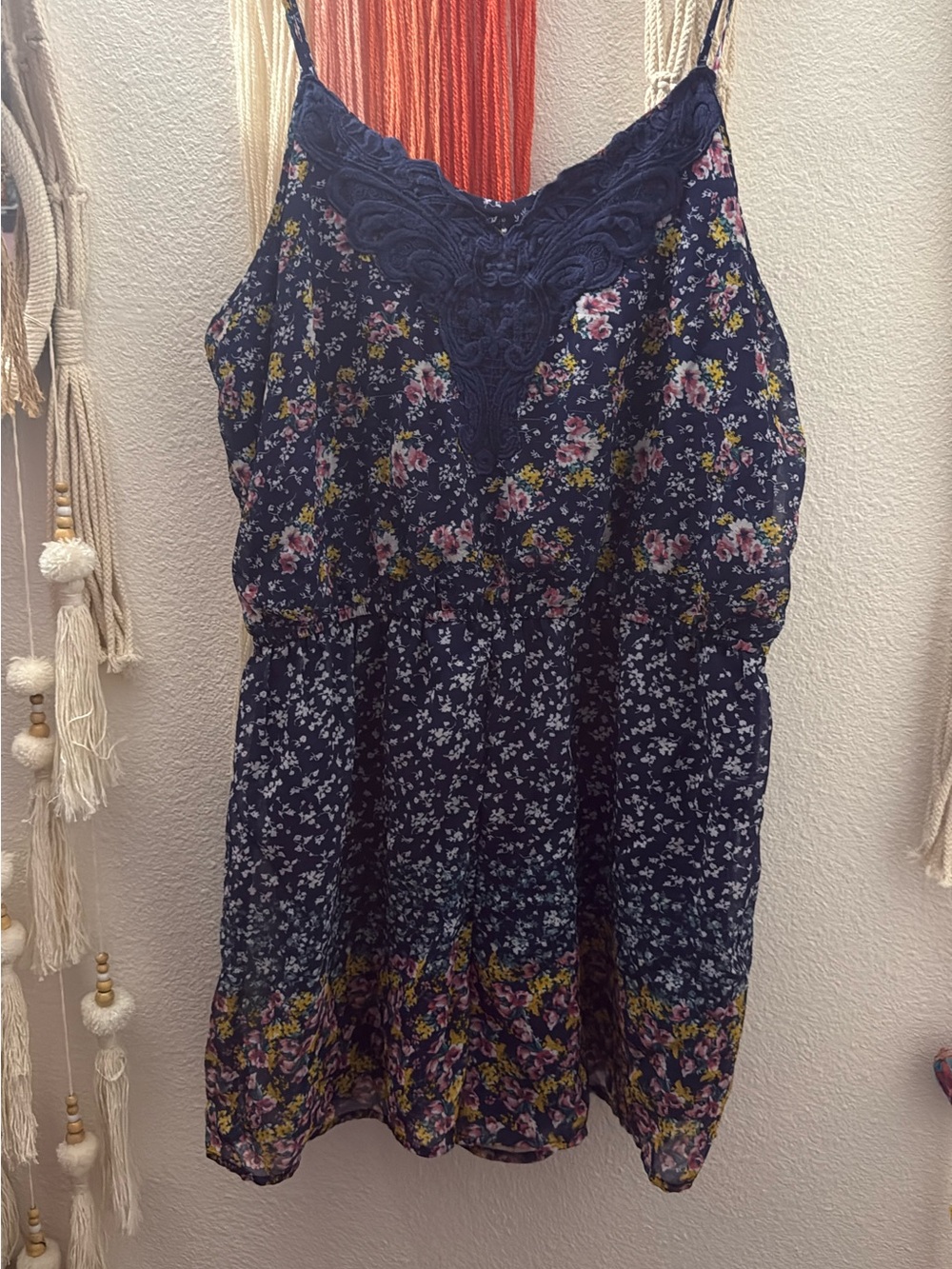 Xhilaration Navy Floral Lace-Trim Mini Dress